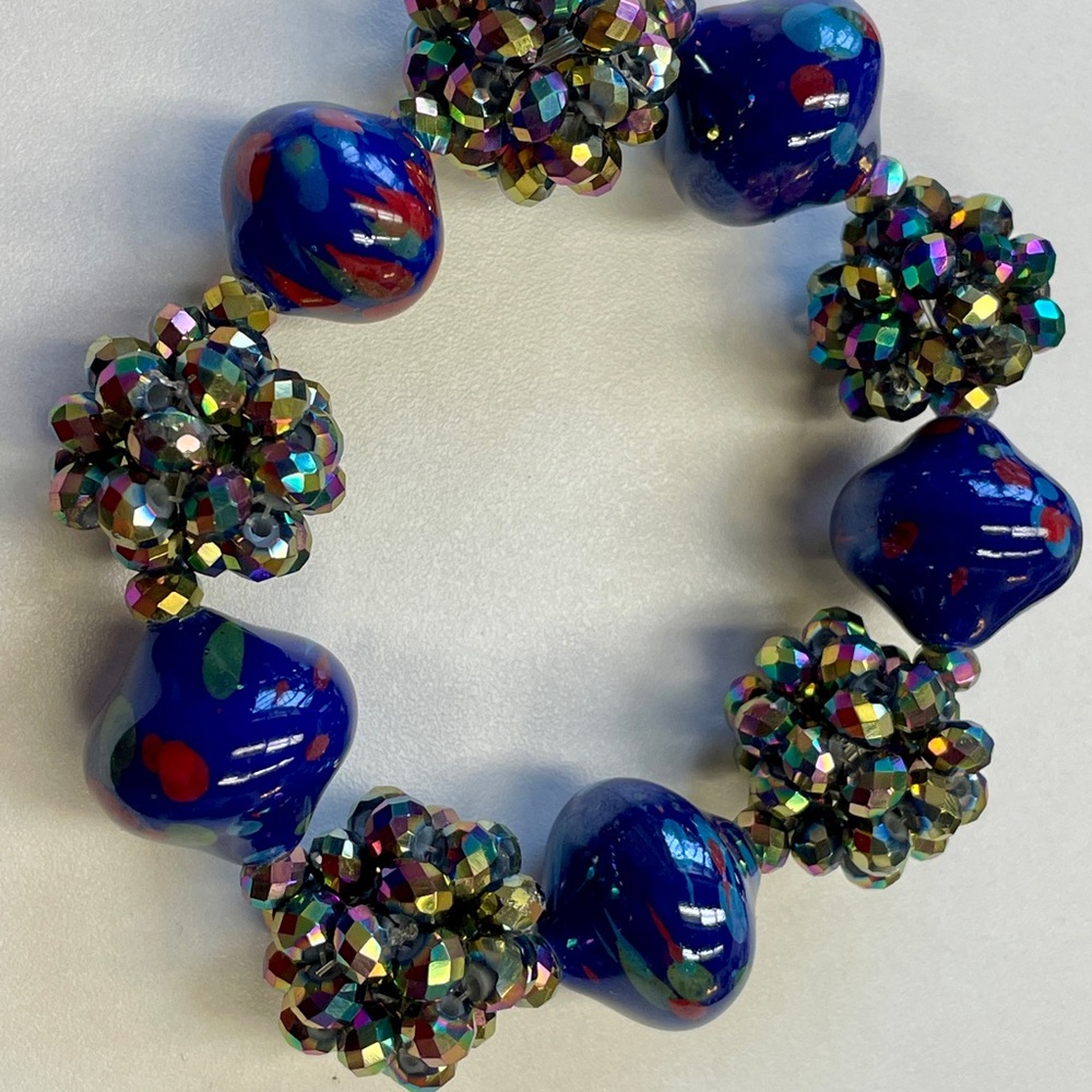 Blue and Gold Cluster Bead Bracelet with Irregular Spheres